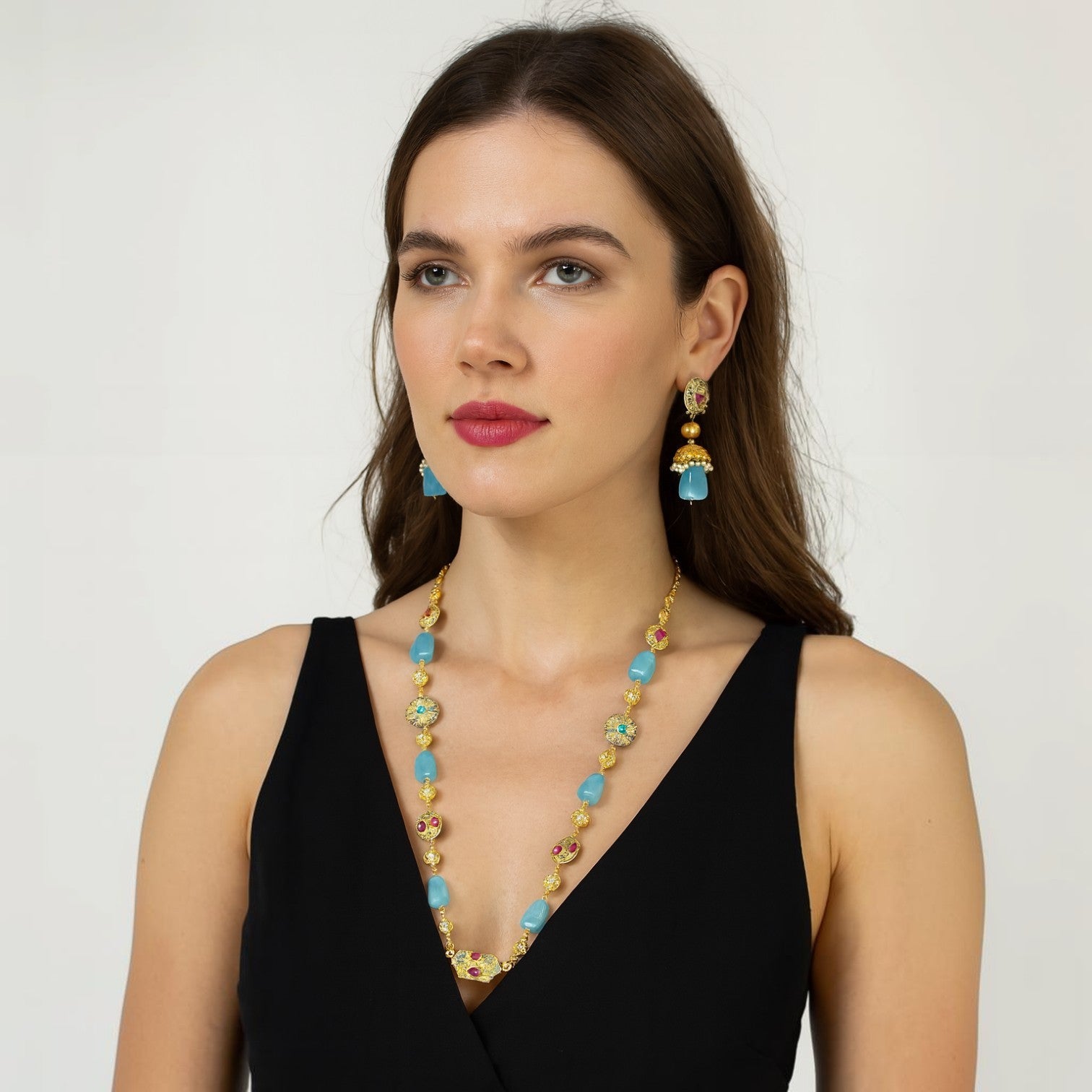 JewelOn Royal Presence semiprecious stone mala necklace and earrings set with blue stones and gold accents.