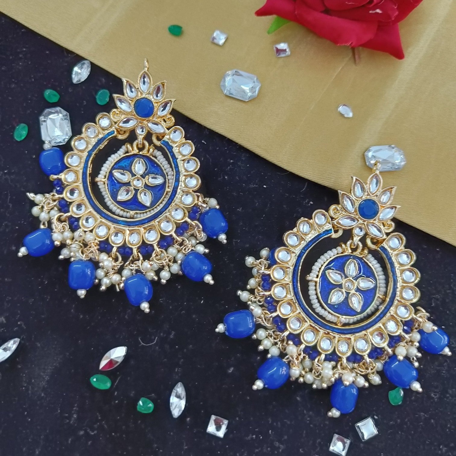 JewelOn Meenakari earrings with blue enamel, gold accents, pearls, and blue beads. Floral motif.