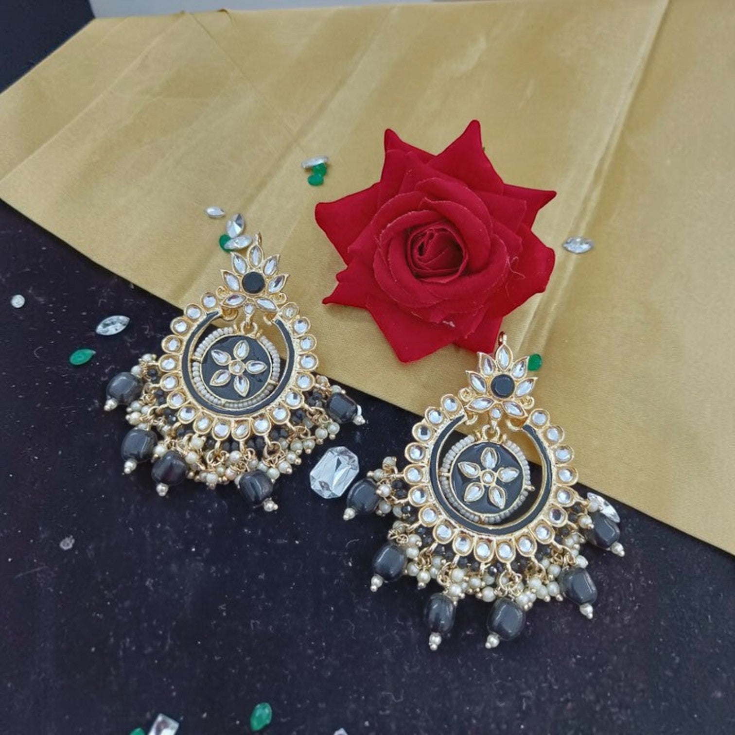 JewelOn Meenakari earrings with grey beads and white stones, featuring a floral design. Gold-tone metal.