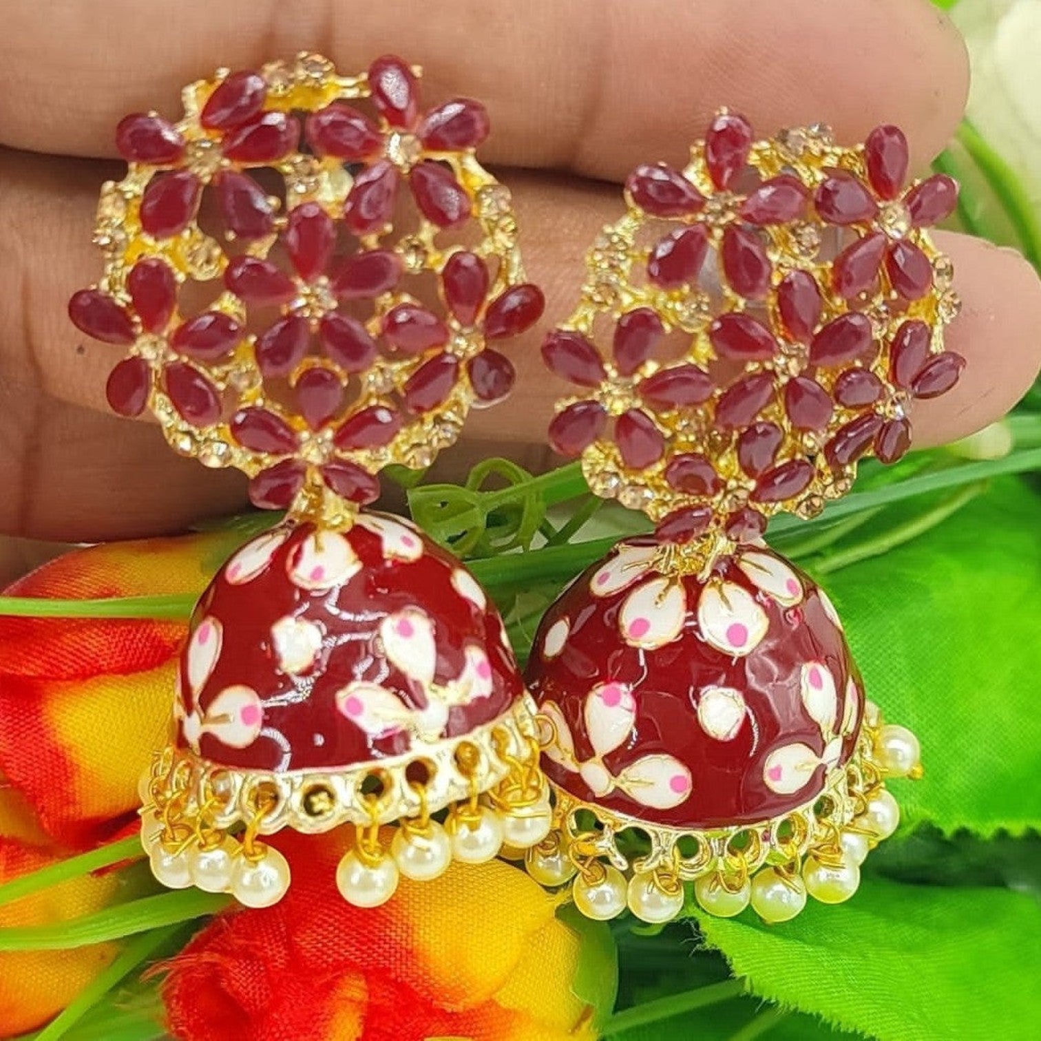 JewelOn Meenakari jhumka earrings with maroon enamel, white floral design, and pearl drops. Gold tone.