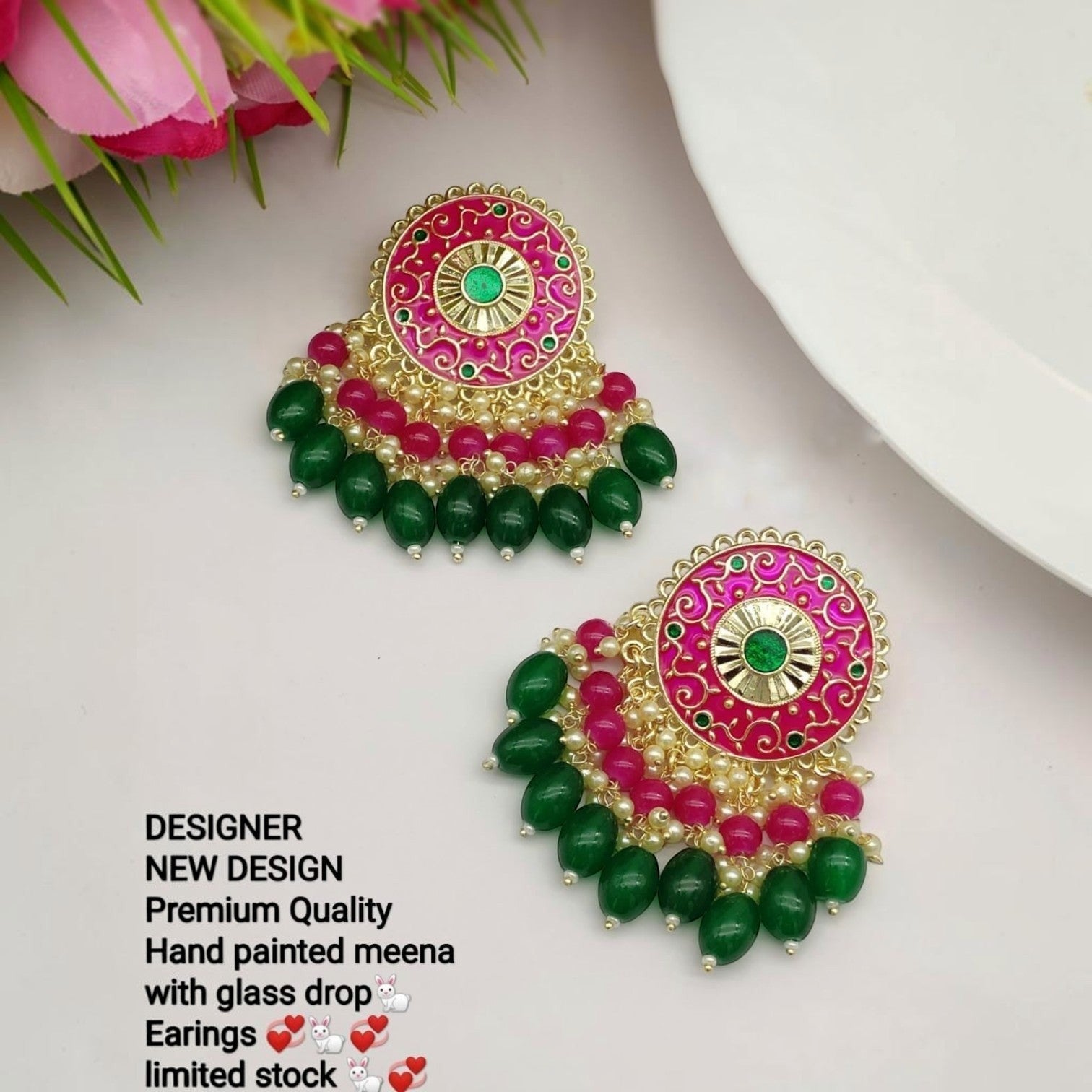JewelOn Meenakari earrings with pink and green beads, gold accents, and intricate hand-painted details.