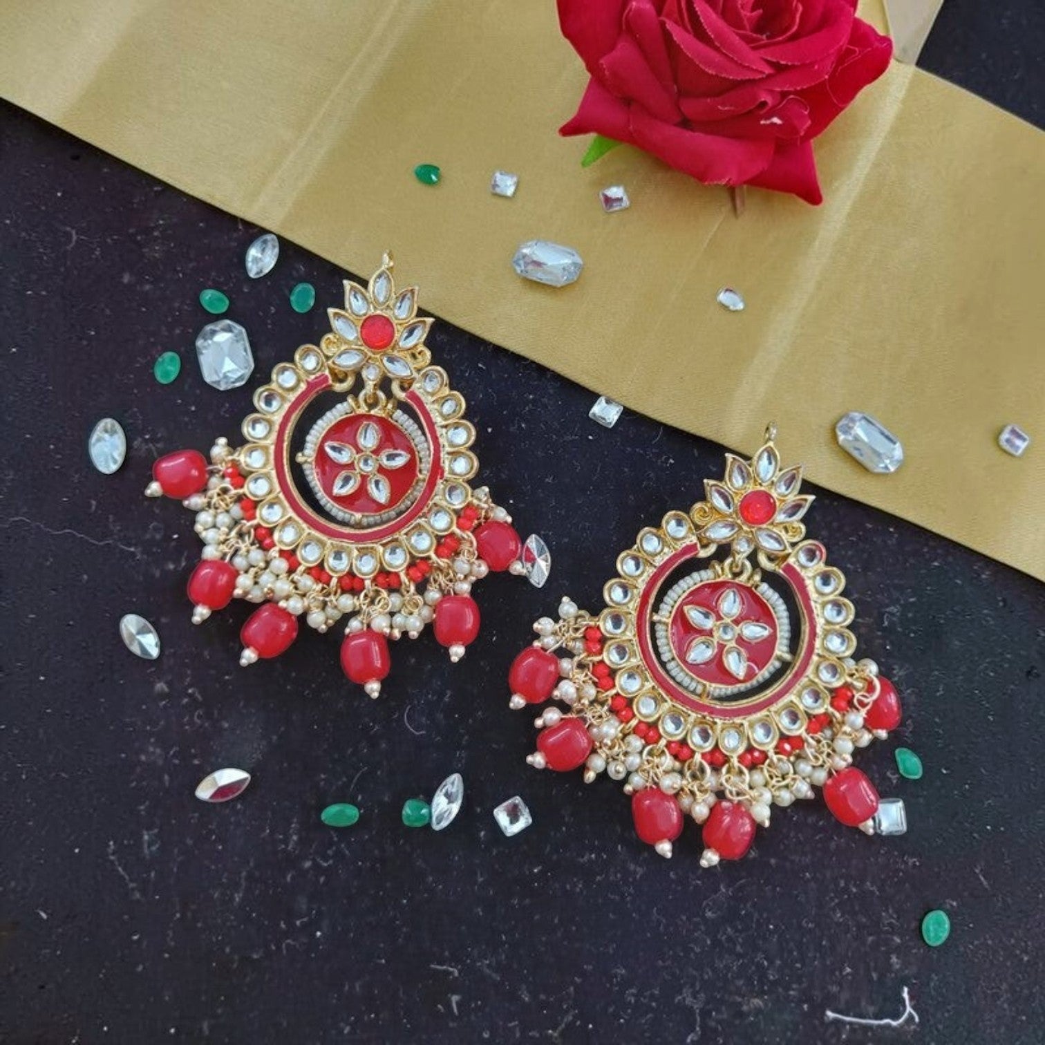 JewelOn Meenakari earrings with red beads and white stones, gold-tone metal, traditional Indian design.