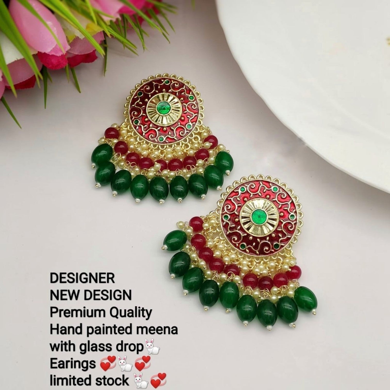 JewelOn red and green Meenakari earrings with gold accents, pearl beads, and glass drops. Designer, hand-painted.