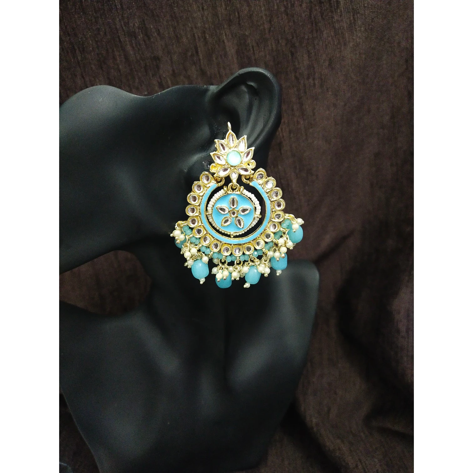 JewelOn Meenakari chandelier earrings in sky blue with gold accents and pearl bead drops. Intricate floral design.
