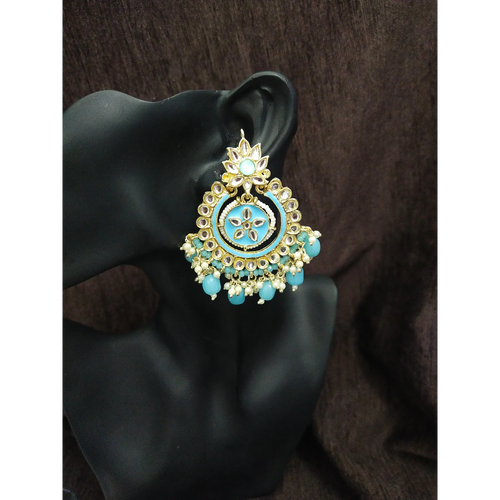 JewelOn Meenakari chandelier earrings in sky blue with gold accents and pearl bead drops. Intricate floral design.
