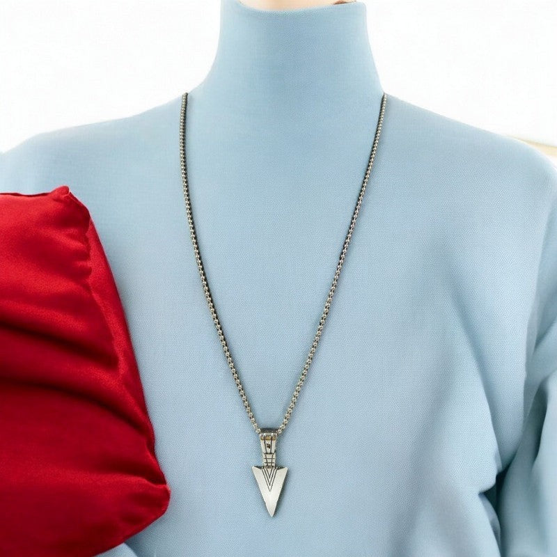 JewelOnMen's silver-tone arrowhead pendant necklace with geometric detailing on a ball chain.