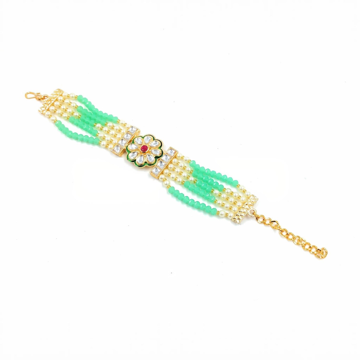 JewelOn Siya Veda mint green beaded bracelet with kundan flower centerpiece and pearl accents.