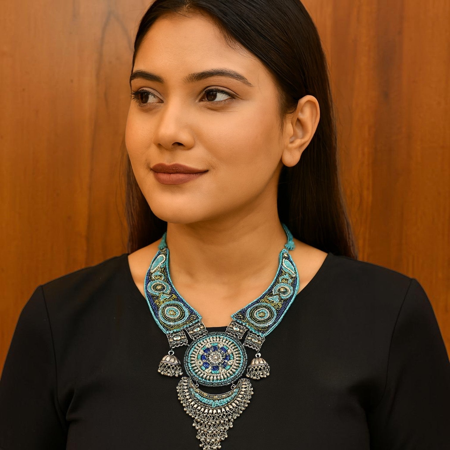 JewelOn handmade oxidised fabric fusion navratri necklace with blue beads and silver jhumkas