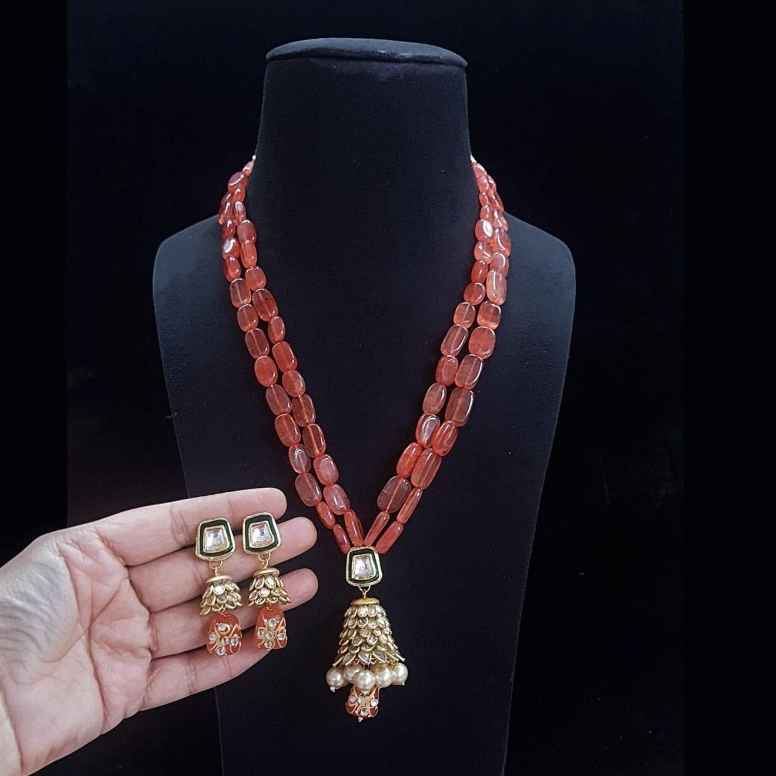 JewelOn orange Monalisa bead long necklace with Kundan pendant and matching earrings, gold-plated finish.