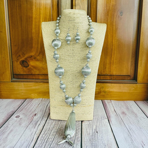 JewelOn Aditi Classy Oxidise Necklace Jewellery Set with matching earrings, silver polish finish, ribbed bead details, and tassel pendant.