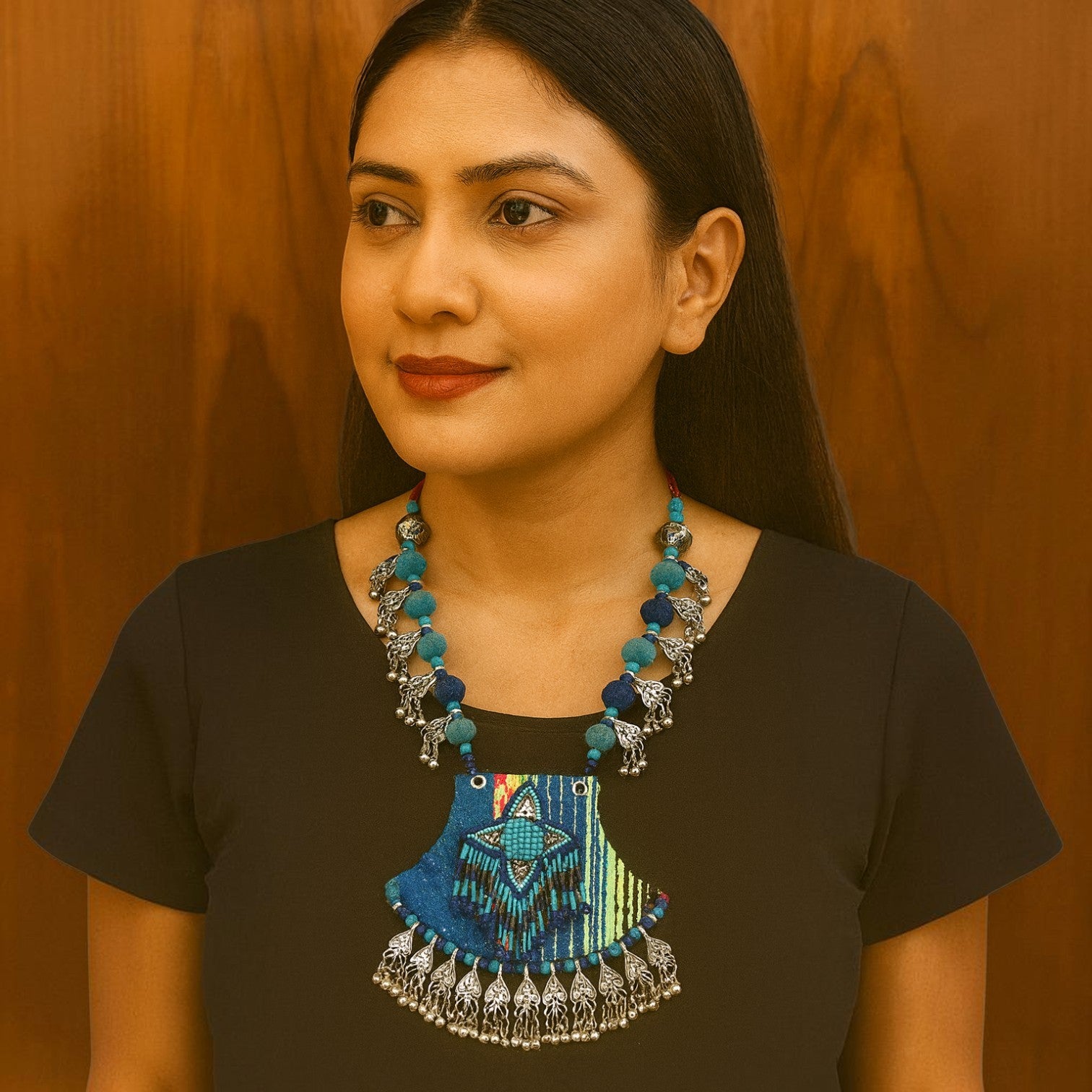 JewelOn handmade oxidised fabric fusion Navratri necklace with blue beads and silver ghungroos