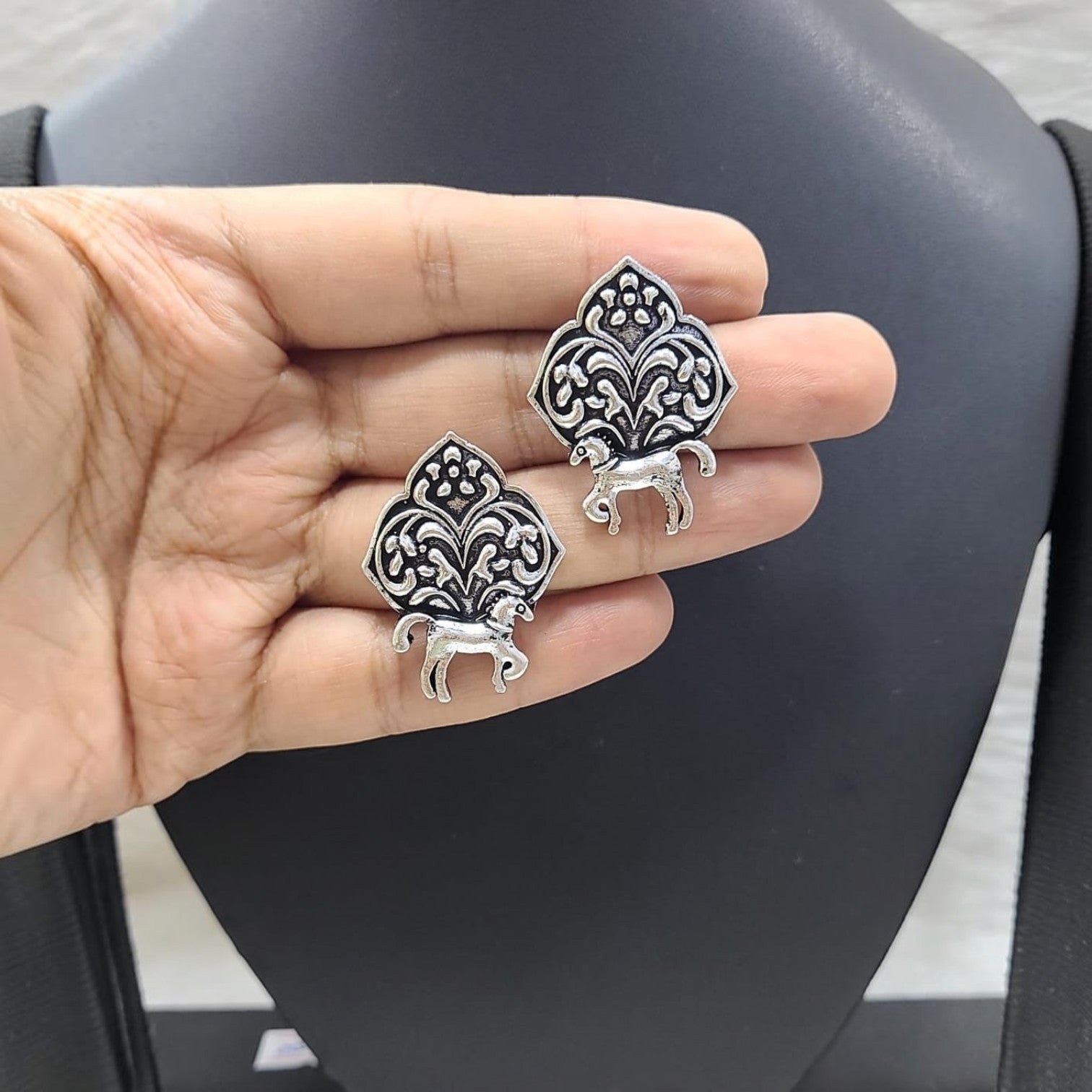 JewelOn Graceful GS Oxidise Earring with horse motif and intricate floral design, German silver.