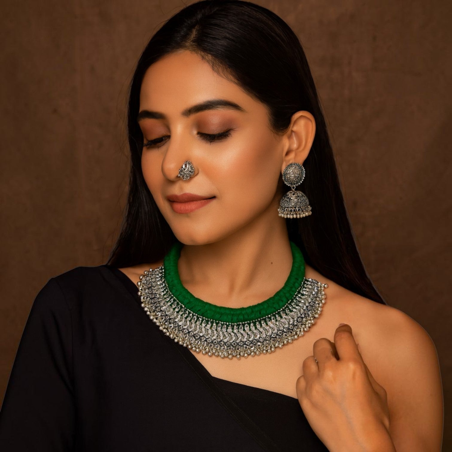 JewelOn Mira Oxidised Necklace Jewellery Set Green with silver polish finish and American Diamonds.