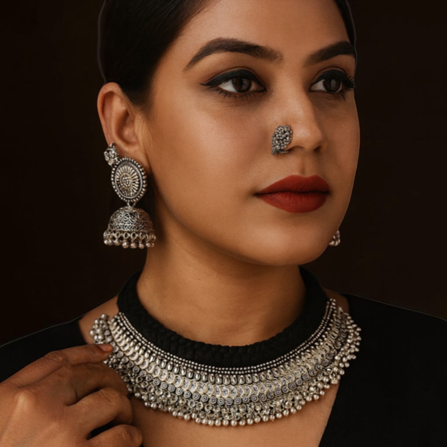 JewelOn Mia Oxidised Necklace Jewellery Set Black with jhumka earrings and nose ring, silver polish finish