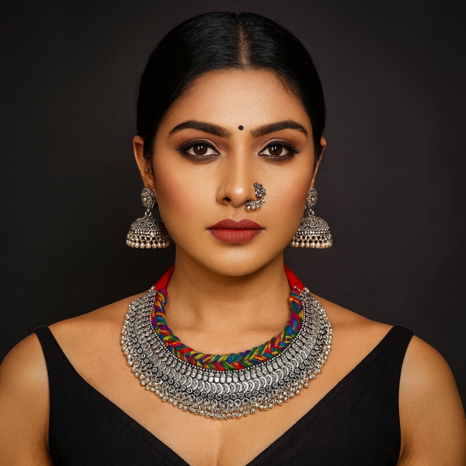 JewelOn Neha Oxidised Necklace Jewellery Set Multi with jhumka earrings and nose ring. Silver polish finish.