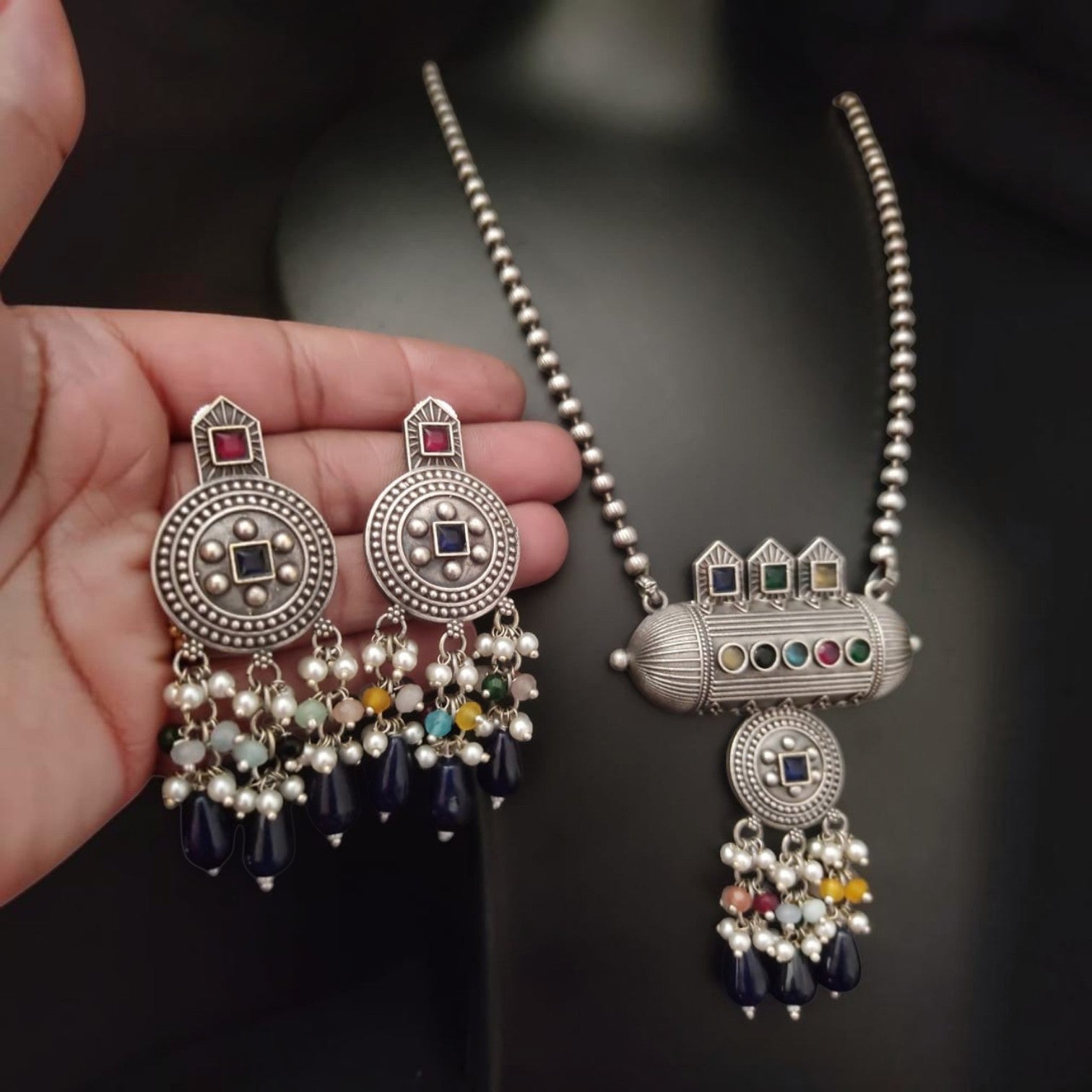 JewelOn oxidised pendant set with matching earrings, featuring colourful beads and pearl accents.
