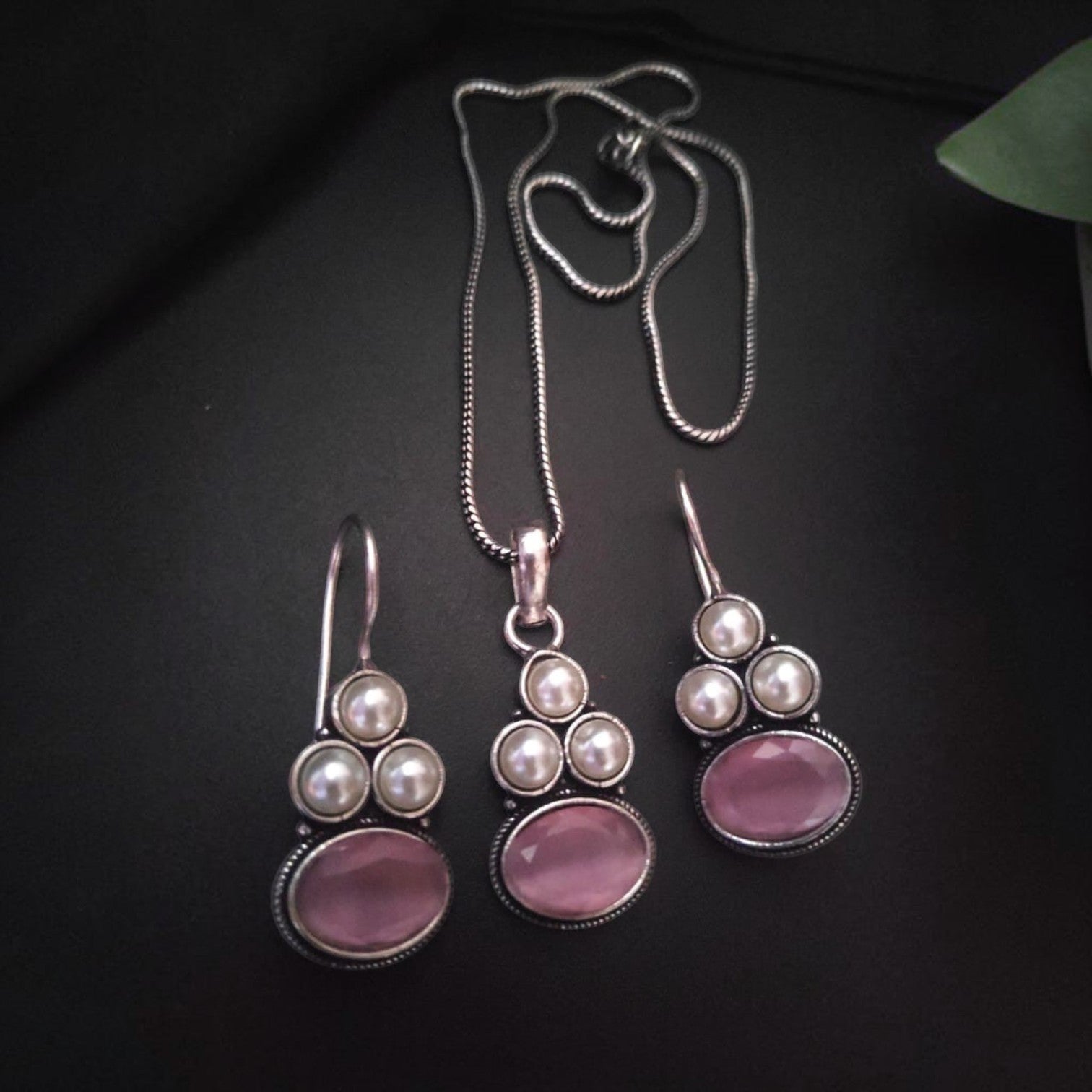 JewelOn silver-tone pendant necklace and dangle earrings set with pink oval stones and pearl accents.