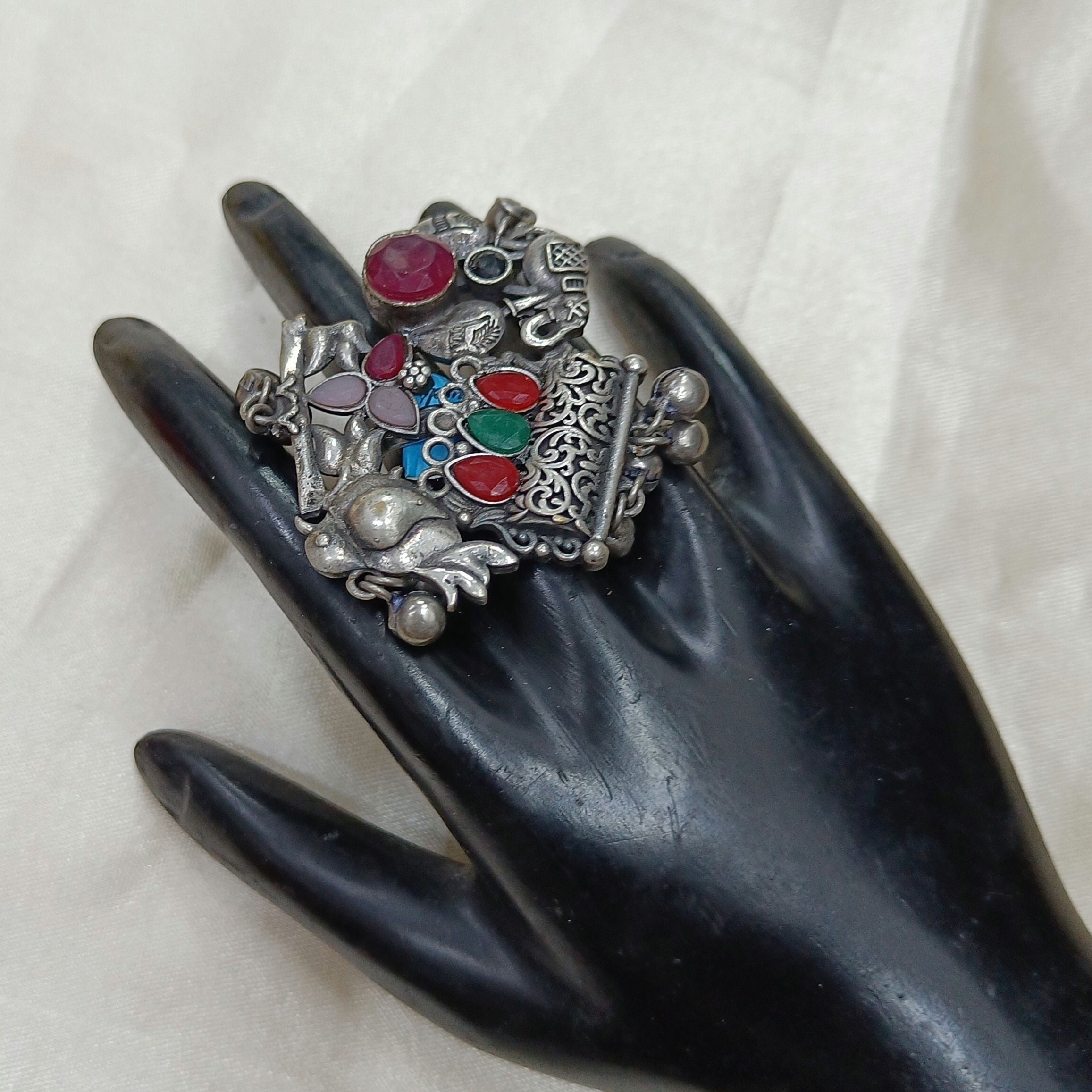 JewelOn Akanksha Exquisite Oxidised Silver Plated Ring with multi-colored stones and elephant motif.