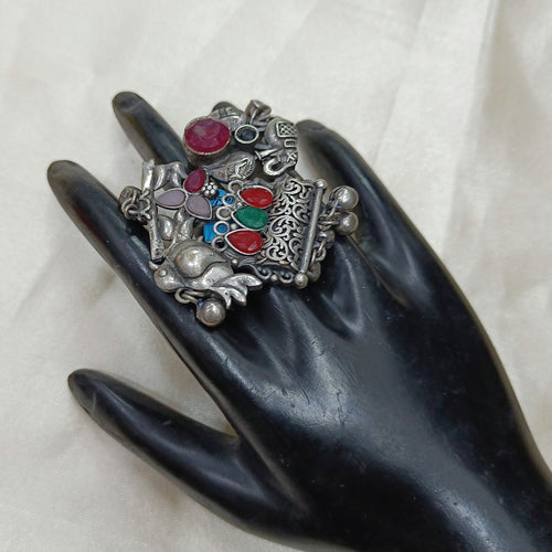 JewelOn Akanksha Exquisite Oxidised Silver Plated Ring with multi-colored stones and elephant motif.