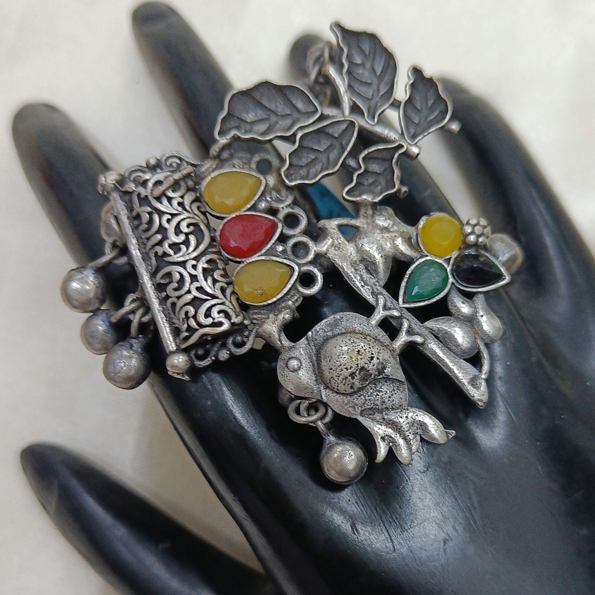 JewelOn Anushka Adorable Oxidised Silver Plated Ring with colourful stones and intricate leaf design.