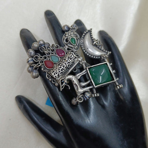 JewelOn oxidised silver plated ring with red, green, and blue stones, featuring a crescent moon and intricate details.
