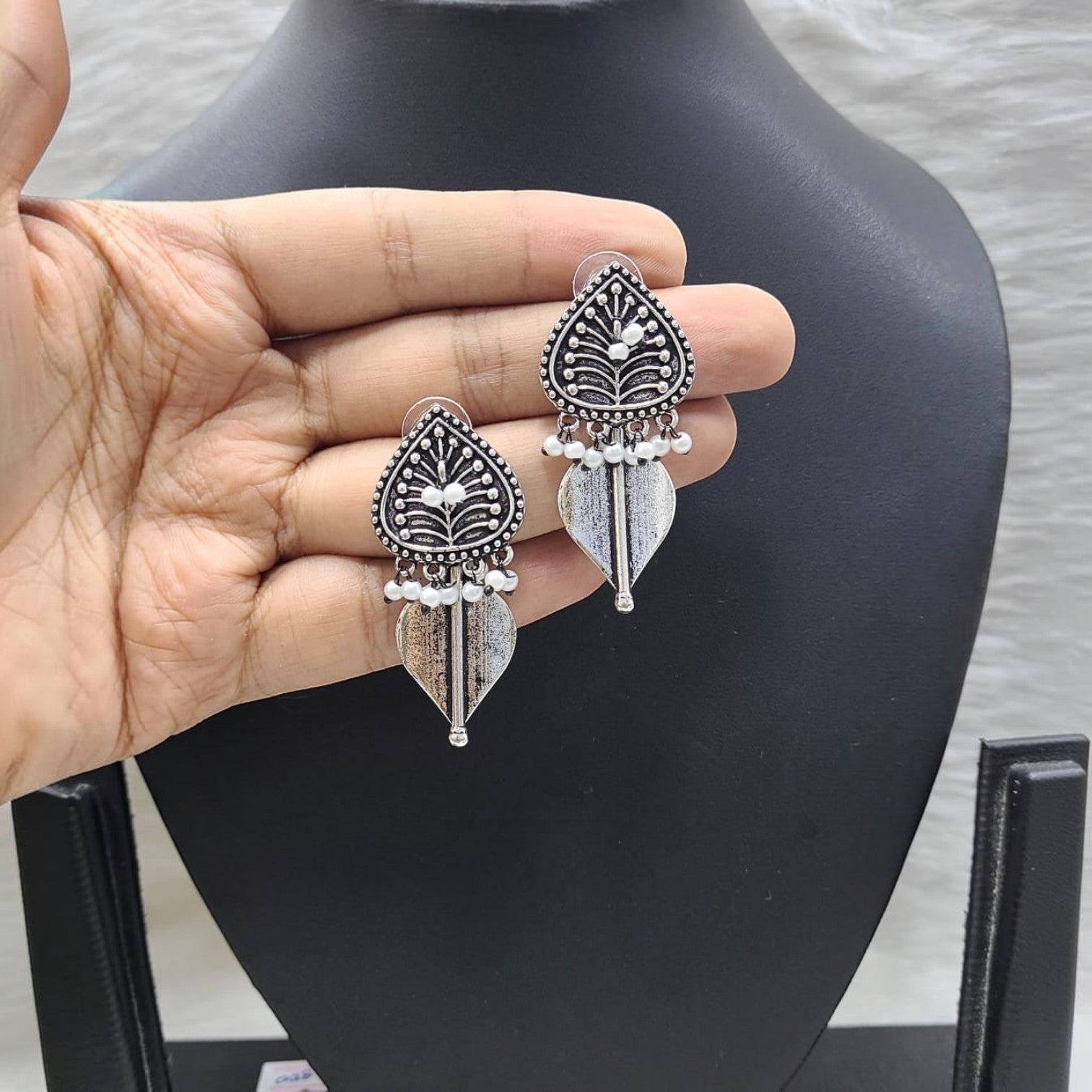 JewelOn Gorgeous oxidized German silver leaf-shaped dangle earrings with white bead accents.