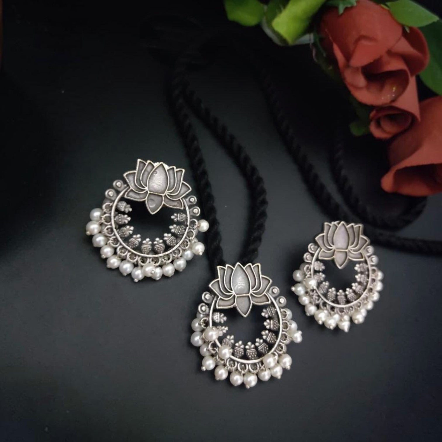 JewelOn oxidized silver lotus pendant necklace and earrings set with pearl accents.