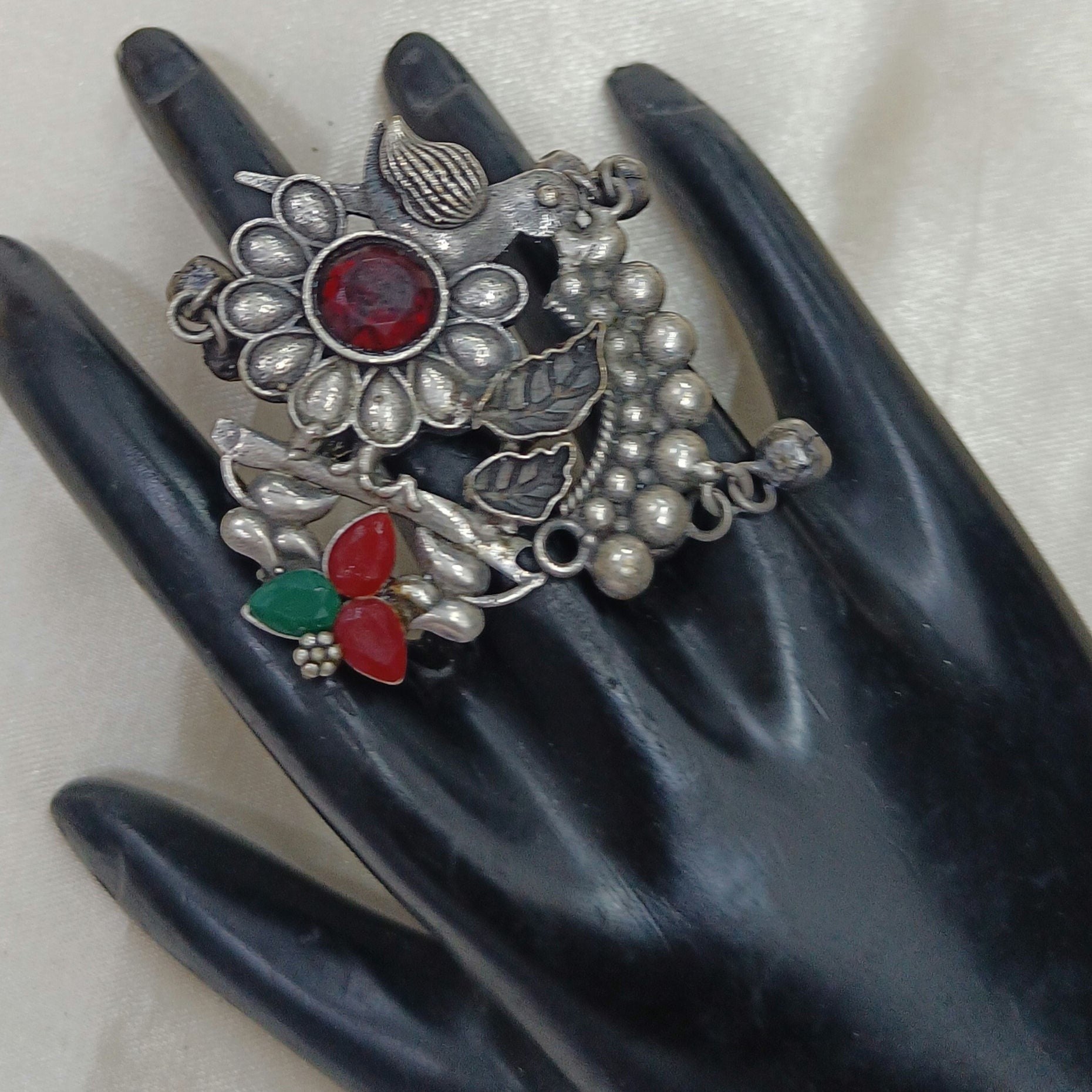 JewelOn oxidized silver plated ring with red and green stones, featuring floral and grape cluster motifs.