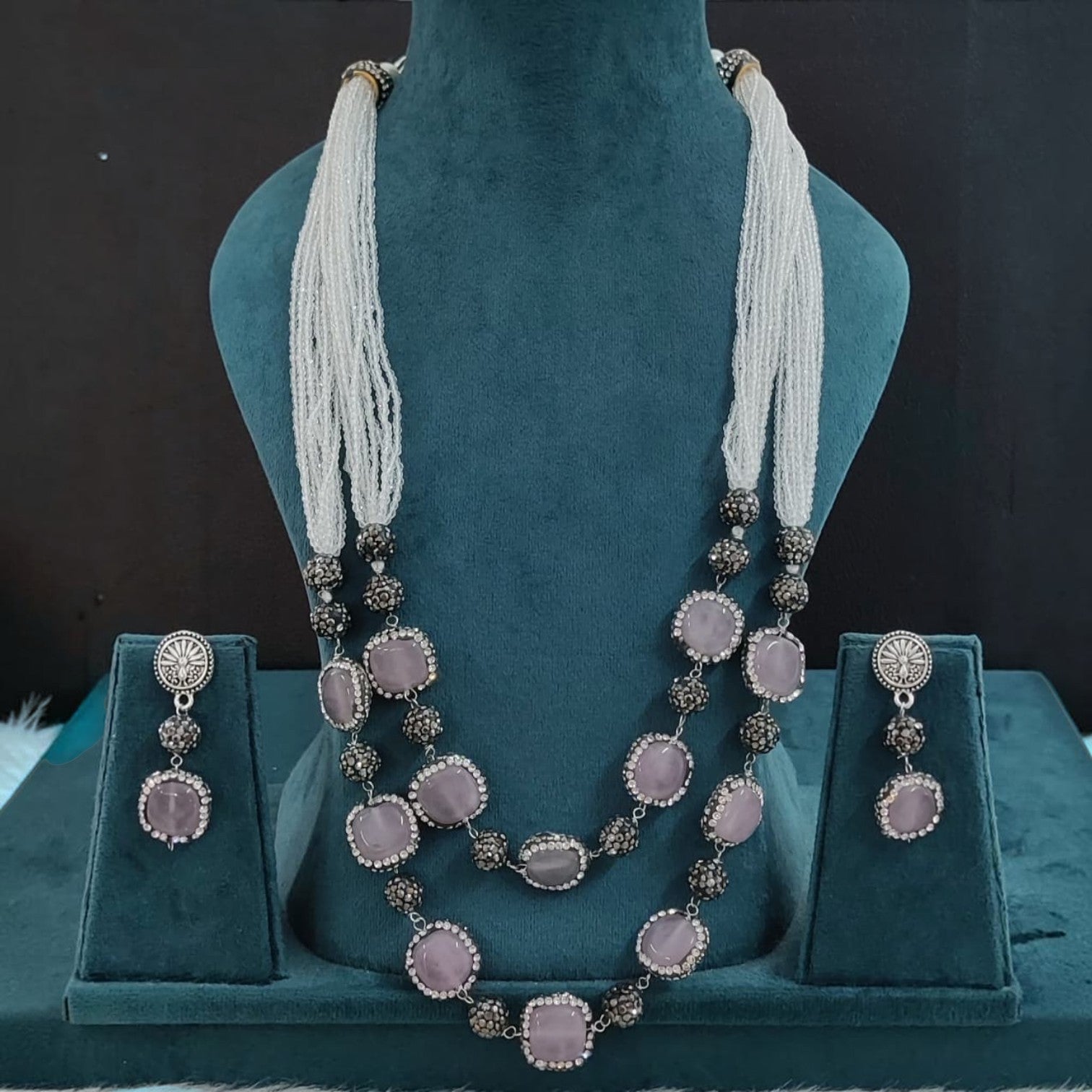 JewelOn blush pink semiprecious stone necklace and earring set with gold-plated finish and white beaded strands.