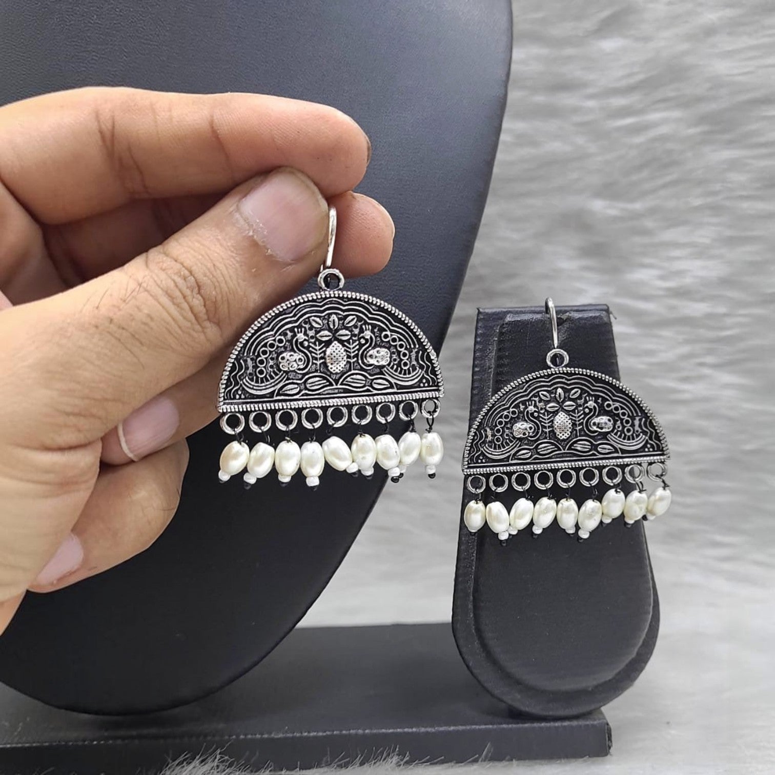 JewelOn Radiant German Silver Oxidised Jhumka Earrings with white pearls