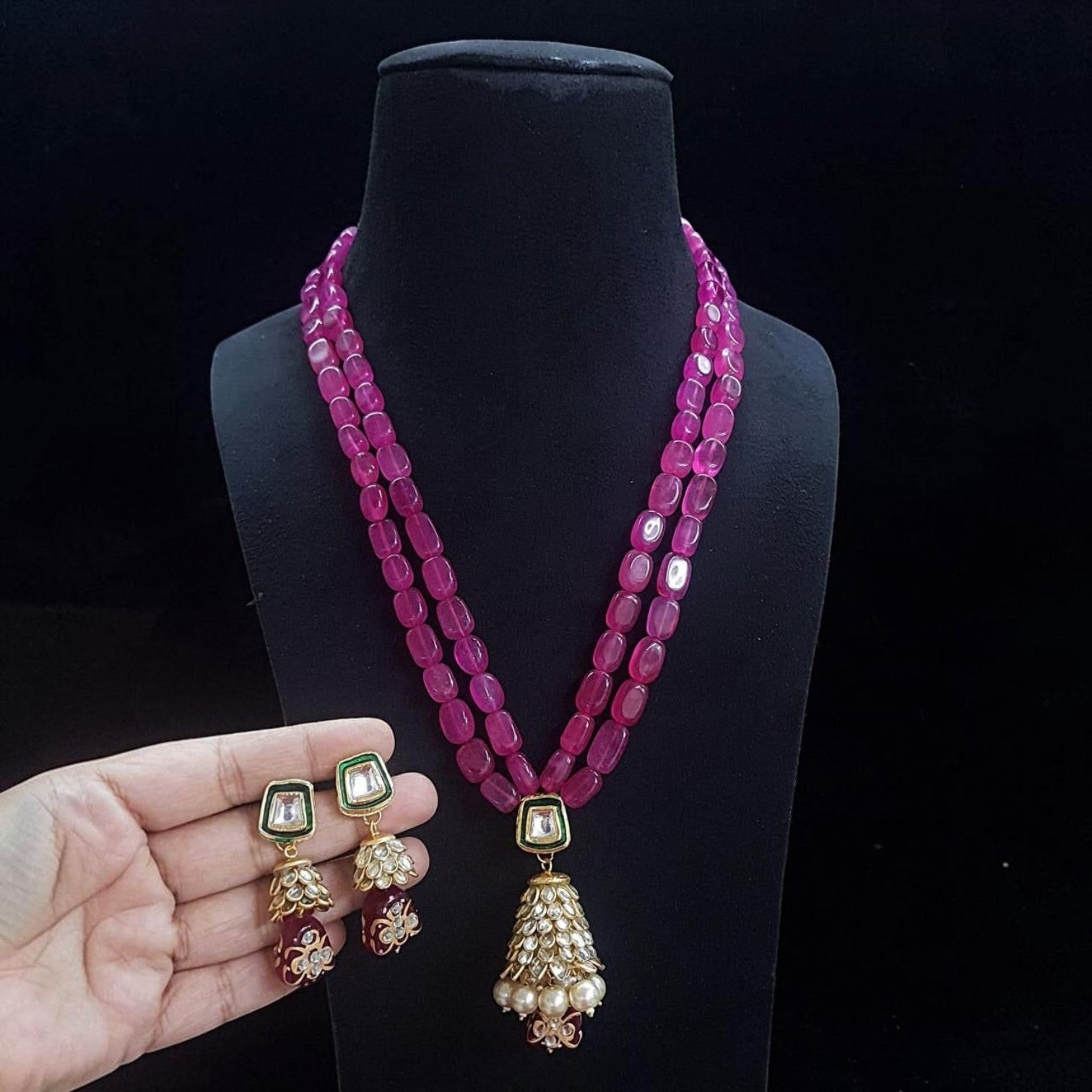 JewelOn Rani Monalisa beads long necklace with Kundan pendant and matching earrings. Features pink beads and gold accents.