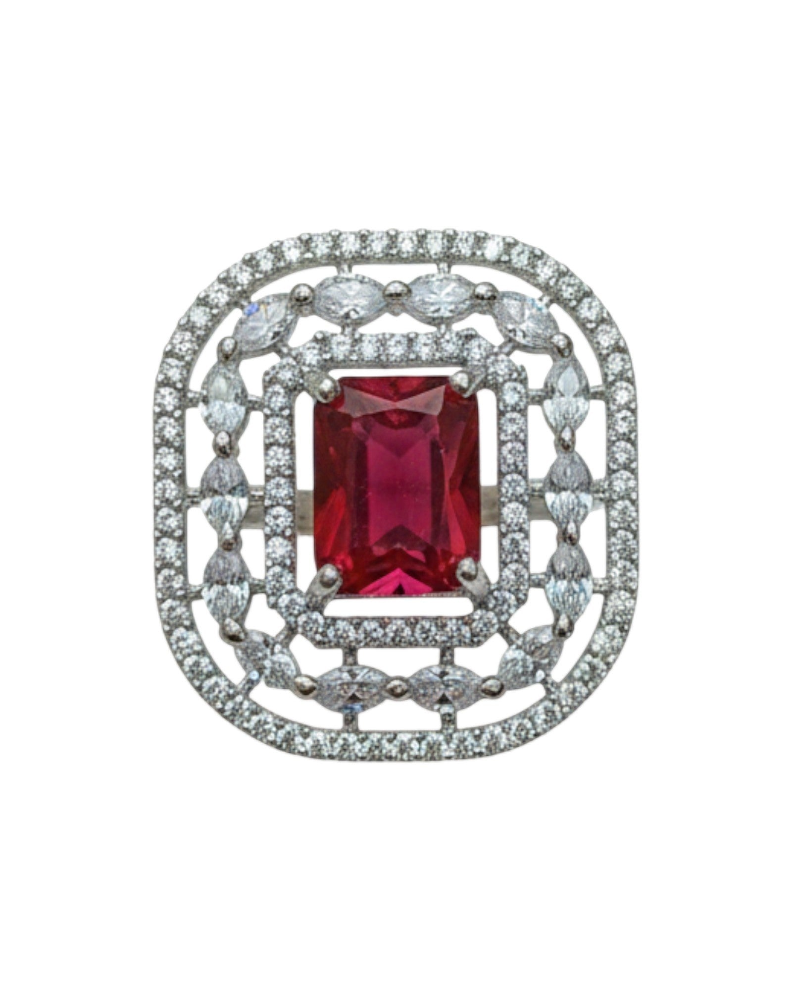 Jewelon silver ring with a central rectangular red American diamond surrounded by small clear stones.