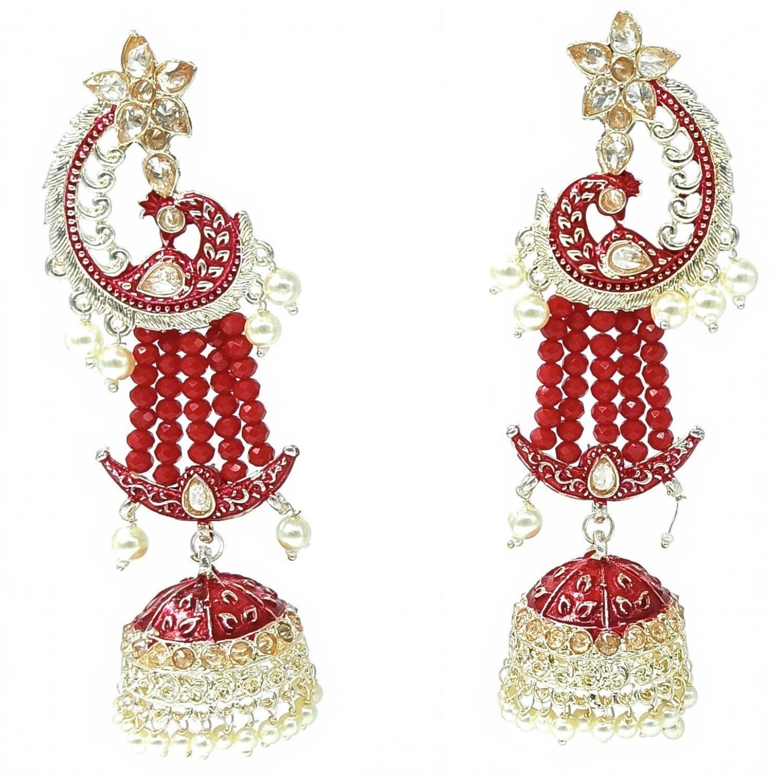 JewelOn red peacock Meenakari jhumka earrings with pearl beads and crystal accents.