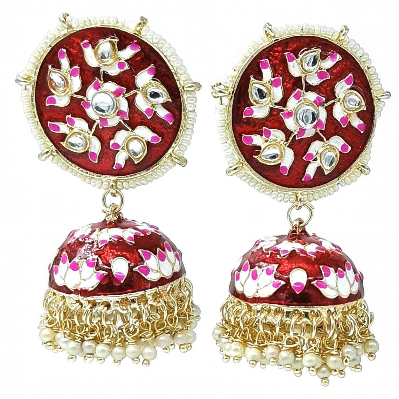 JewelOn red and white Meenakari jhumka earrings with pearl accents and gold chain detailing.