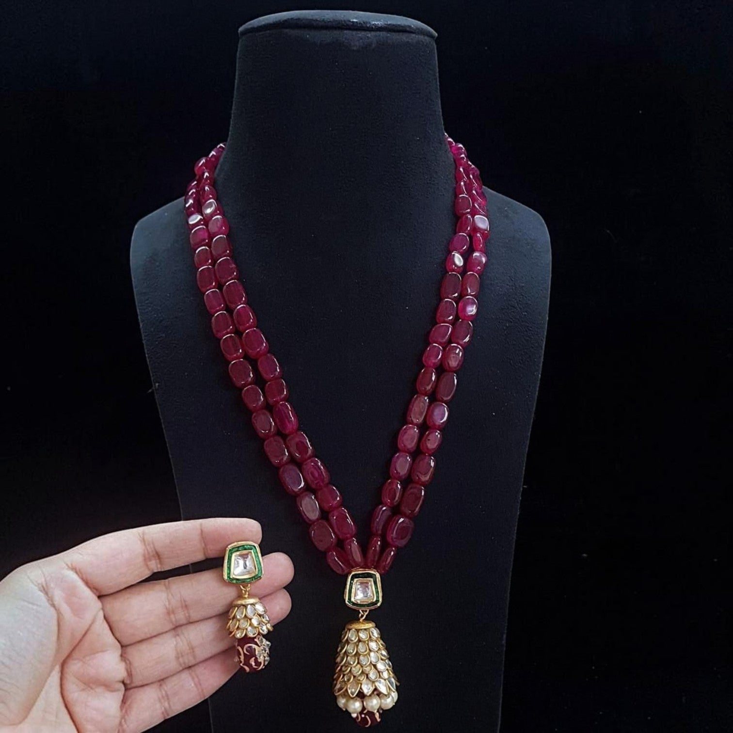 JewelOn red Monalisa beads long necklace with Kundan pendant and matching earrings. Traditional Indian jewellery.