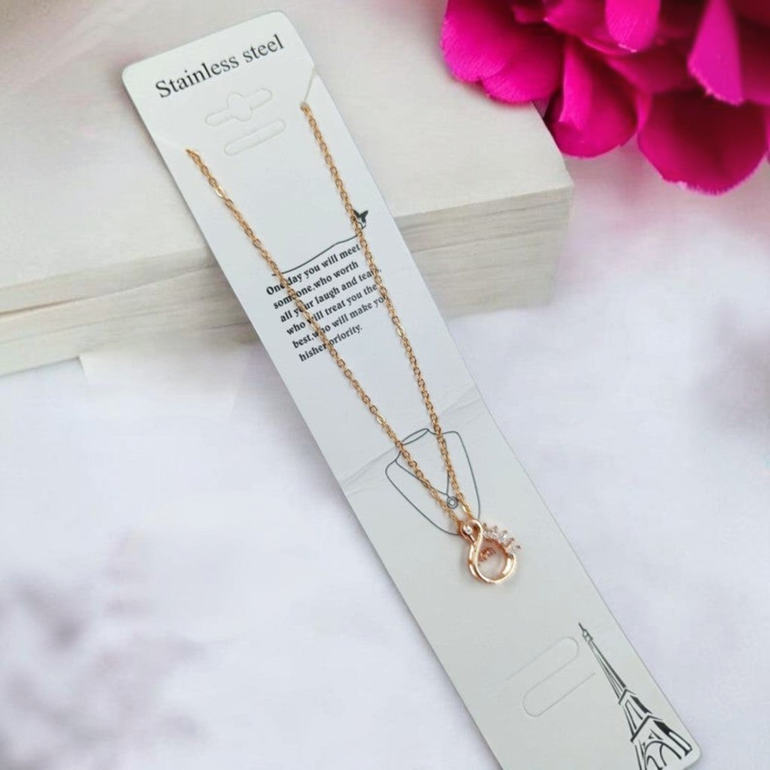 JewelOn rose gold pendant chain necklace with clear stones, inspired by moonlight. Stainless steel.