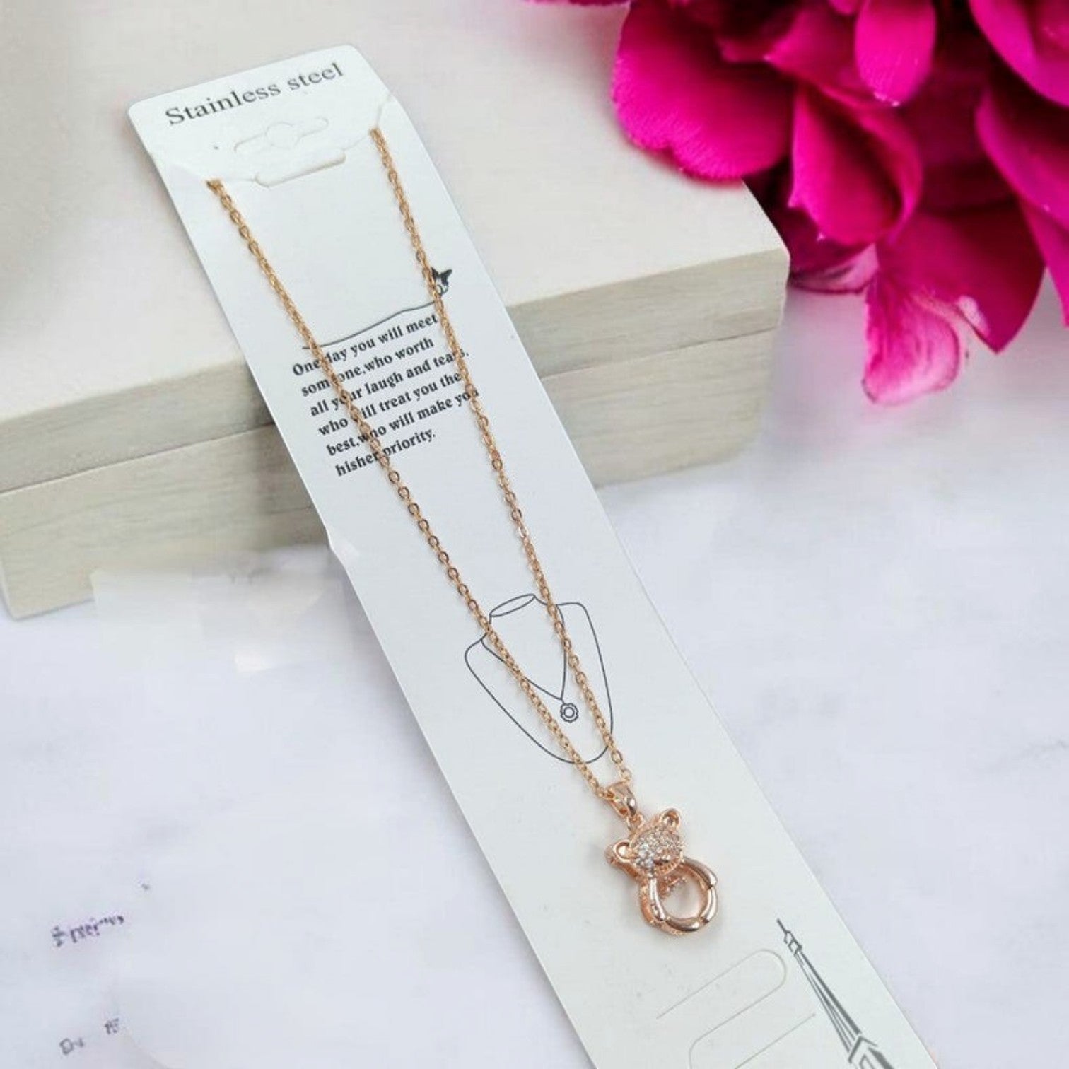 JewelOn Fashion Jewellery Store Online rose gold teddy bear pendant chain necklace with clear crystals.