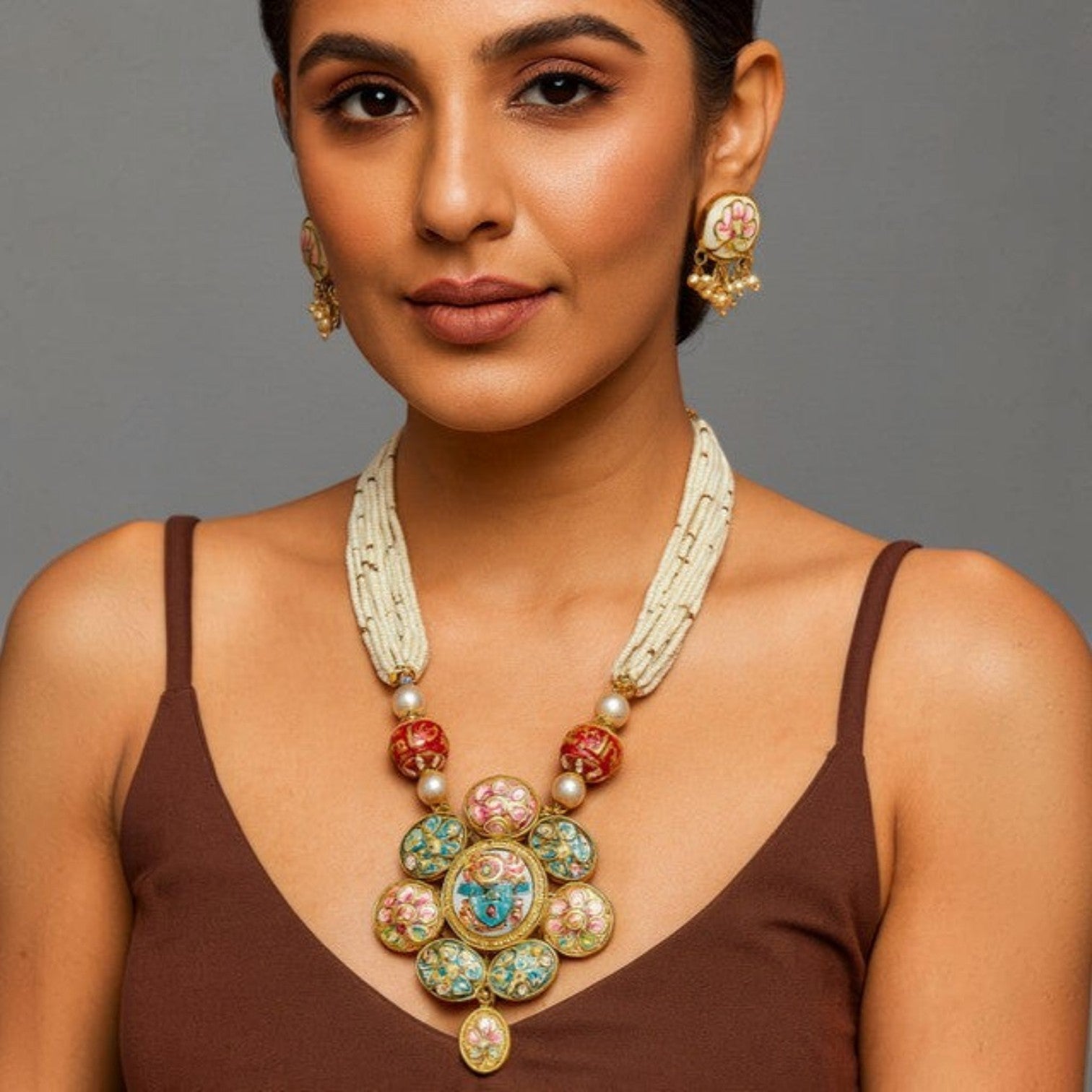 JewelOn Royal Charm Long Meenakari Necklace Jewellery Set with pearl beads and intricate floral enamel work.
