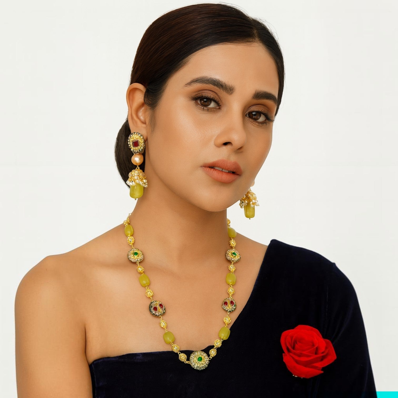 JewelOn Opulent Beauty semiprecious stone mala necklace and jhumka earrings set with pearl and green stones.