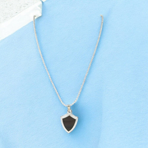 JewelOn silver-tone shield pendant necklace with black inlay and delicate chain.