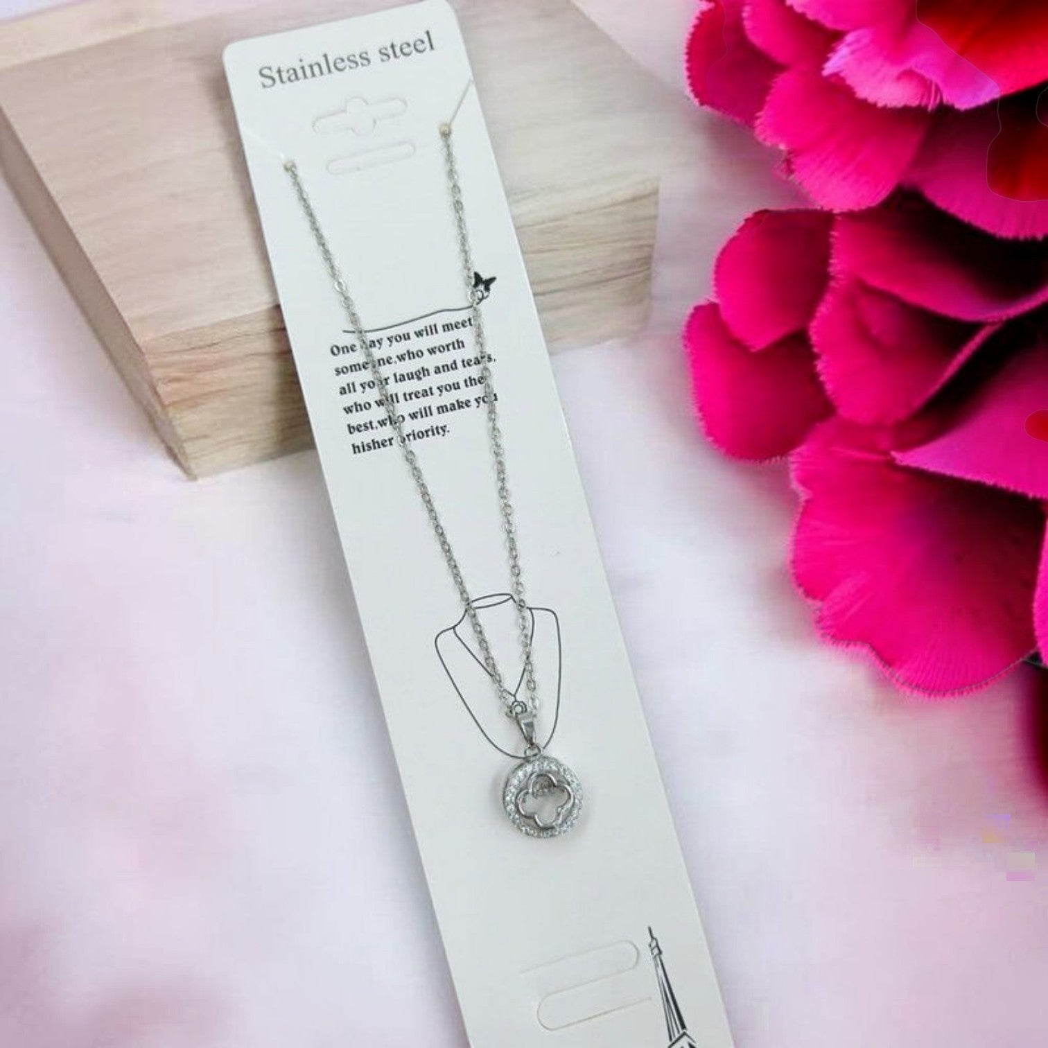 JewelOn silver-tone stainless steel pendant necklace with clover design and subtle shine, perfect for women and girls.