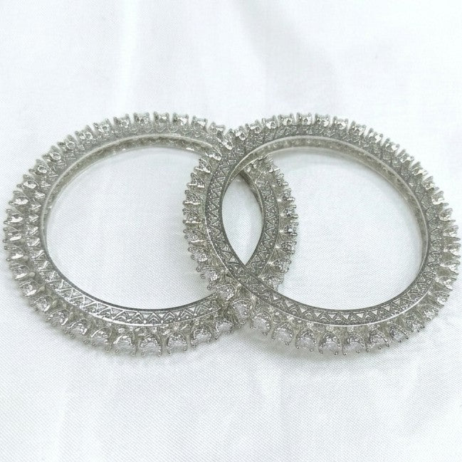 JewelOn Rajatrekha AD Silver Kada Bangle with intricate diamond stone detailing and geometric patterns. Silver-toned.