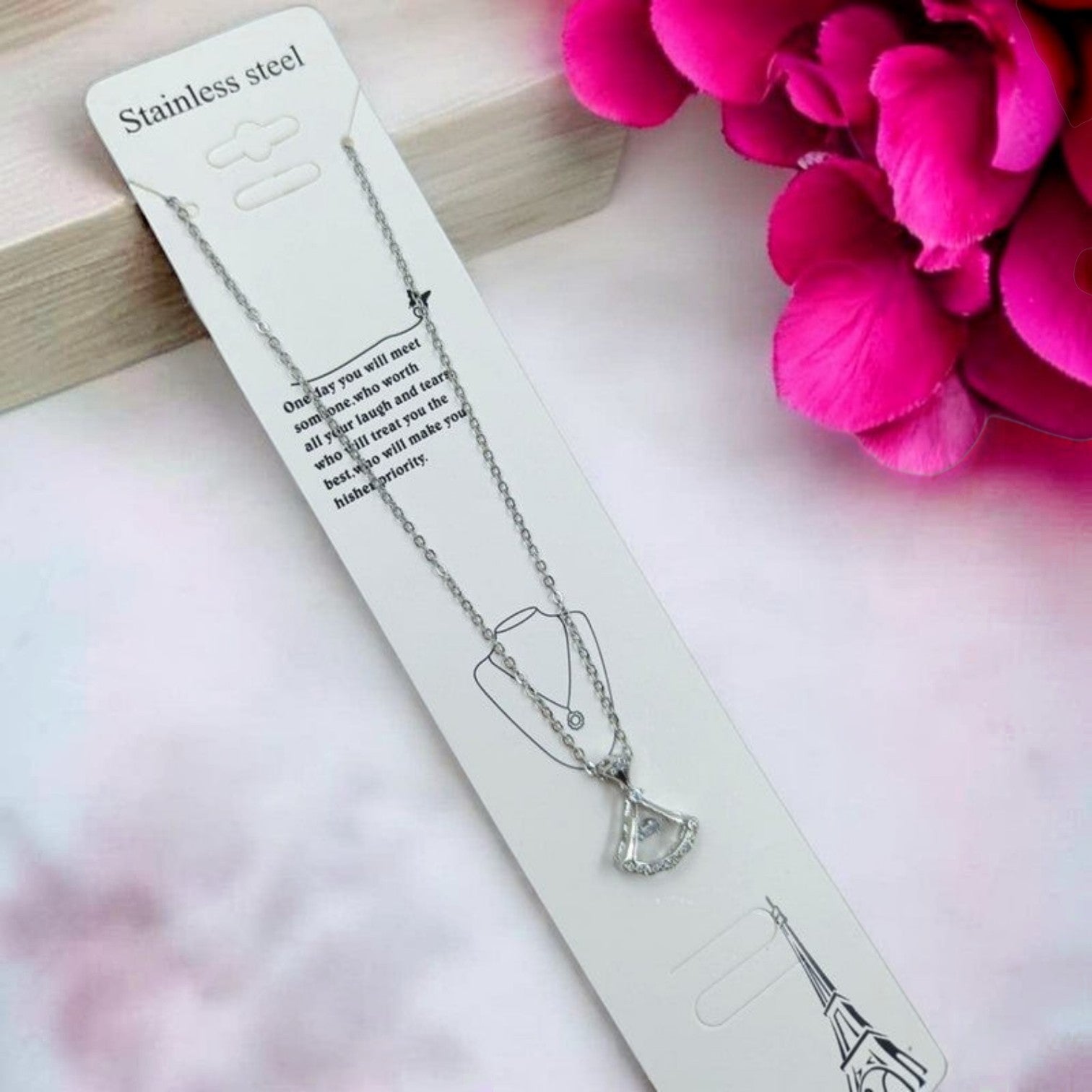 JewelOn silver-tone stainless steel pendant necklace with a fan-shaped design and clear crystals.
