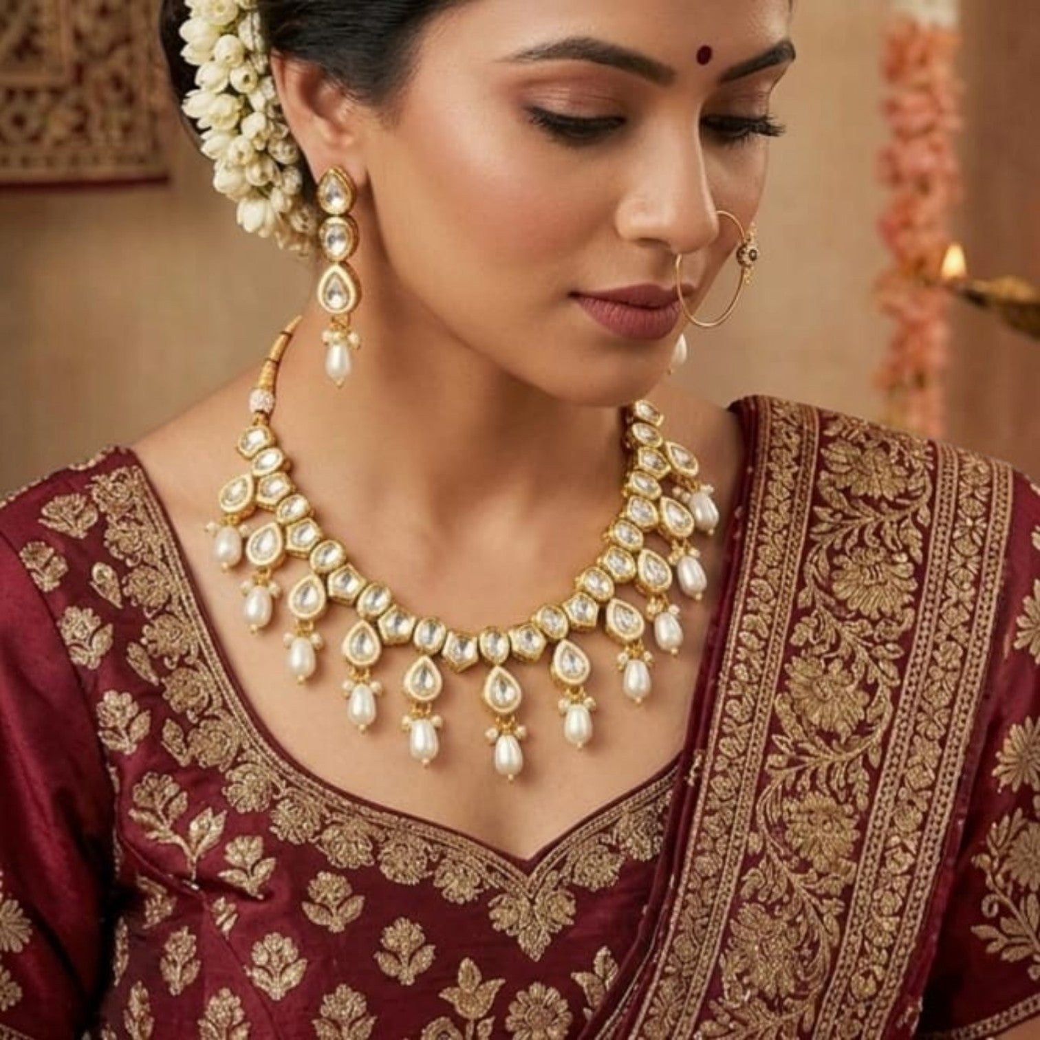 JewelOn white choker necklace and earrings set with pearl drops and clear stones, worn by a model in a maroon embroidered blouse.