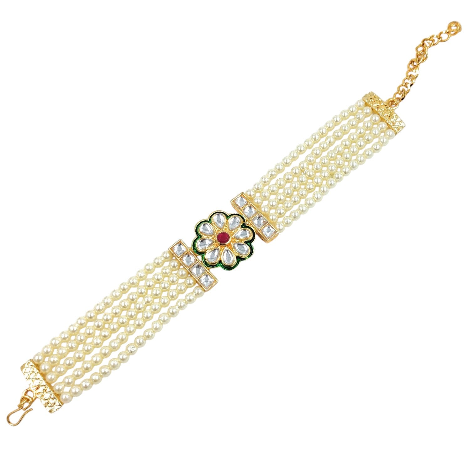 JewelOn white kundan bracelet with five strands of pearls, a floral centerpiece with a red stone and white kundan.