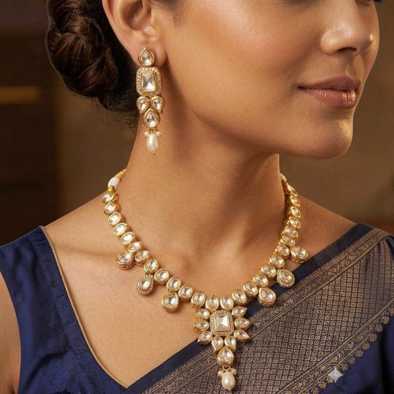 JewelOn white Kundan choker necklace and drop earrings with pearl accents, gold tone, traditional Indian jewellery set.