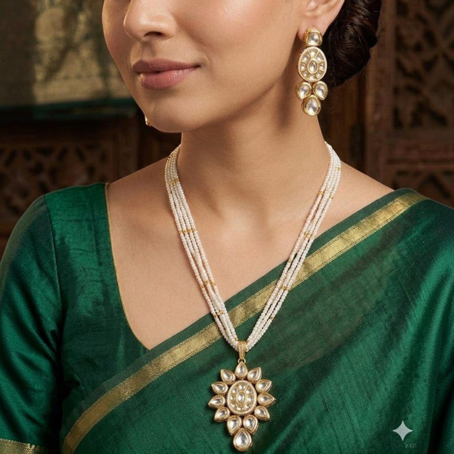 JewelOn white kundan pendant necklace and earrings set with pearl beads, worn with a green silk saree.