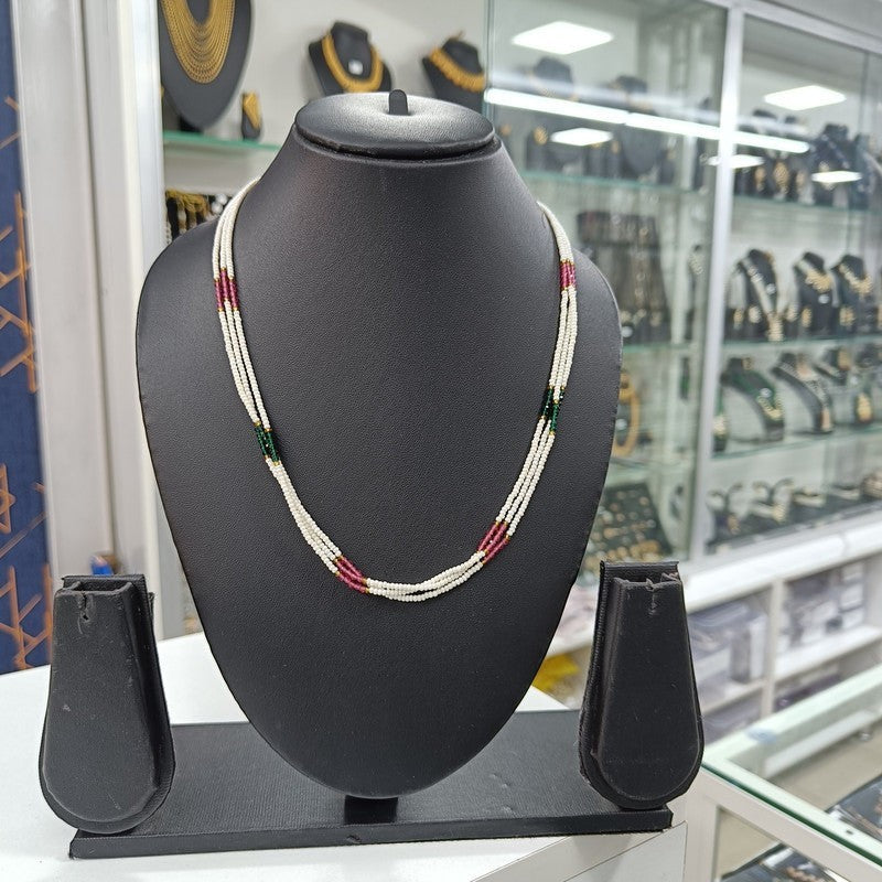 JewelOn white, maroon, and green micro crystal beads chain necklace. Three strands of tiny white beads interspersed with maroon and green beads.