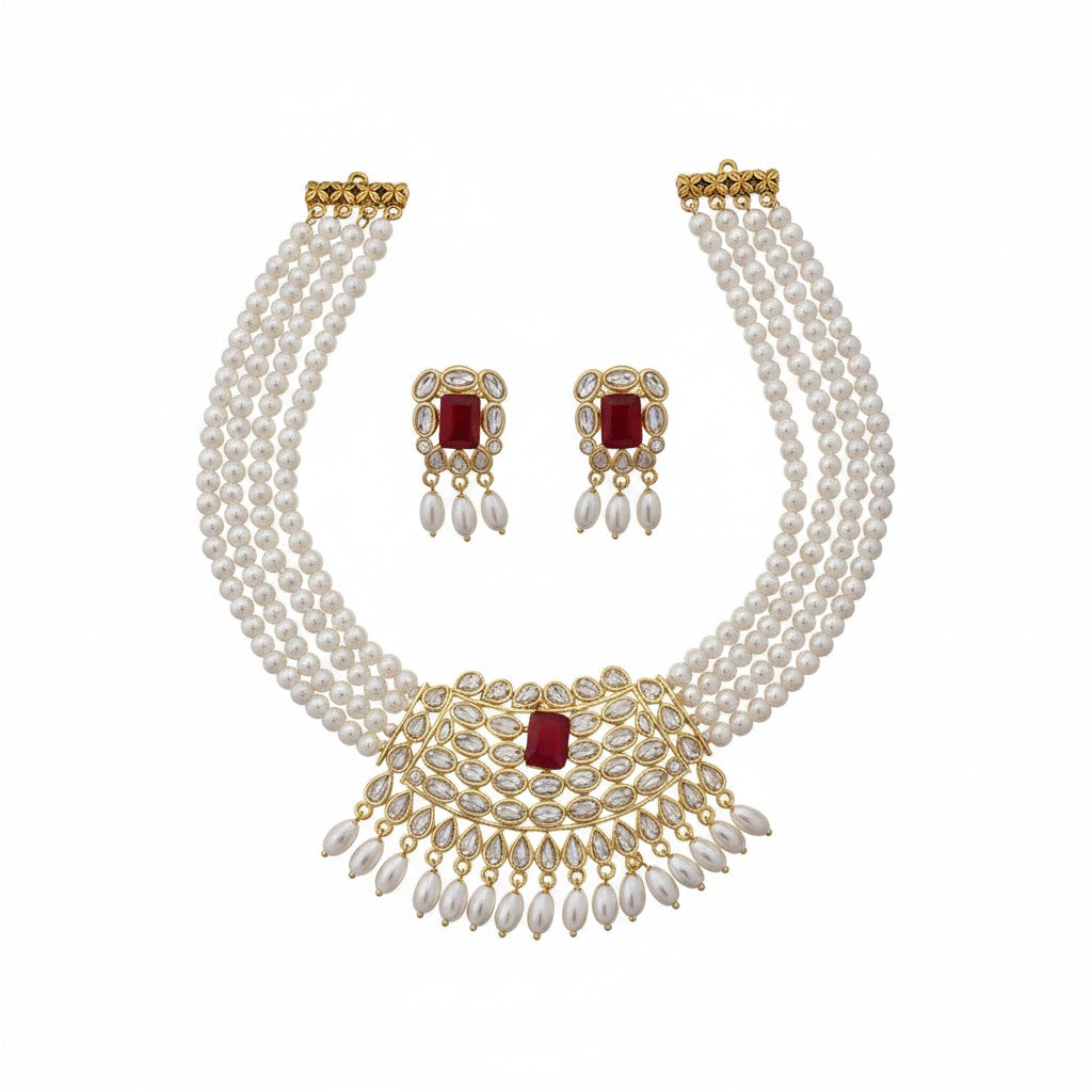 JewelOn white pearl choker necklace set with red stone accents and matching earrings. Silver-toned alloy with AD stones.