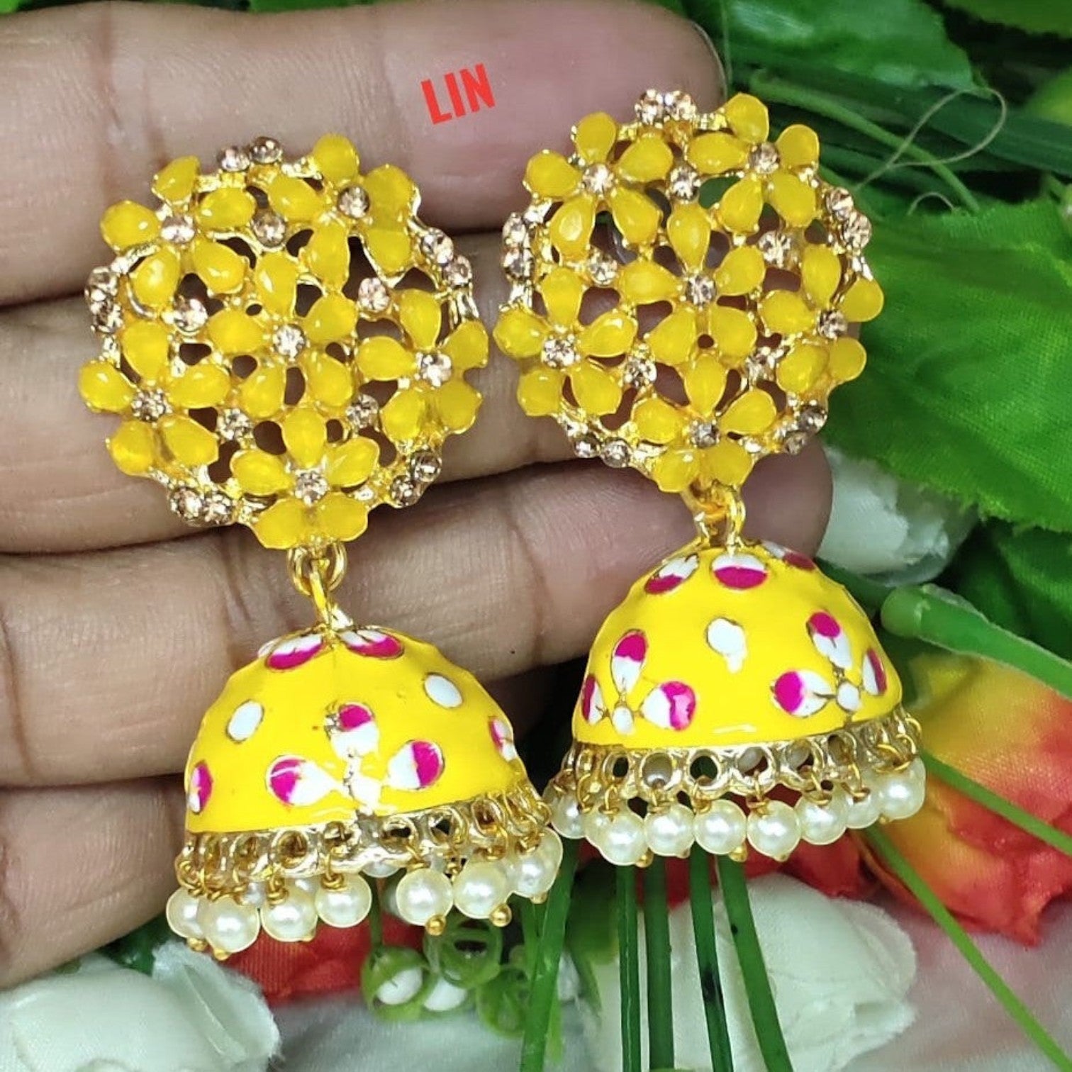 JewelOn yellow Meenakari jhumka earrings with floral design and pearl accents. Artificial earrings for women.